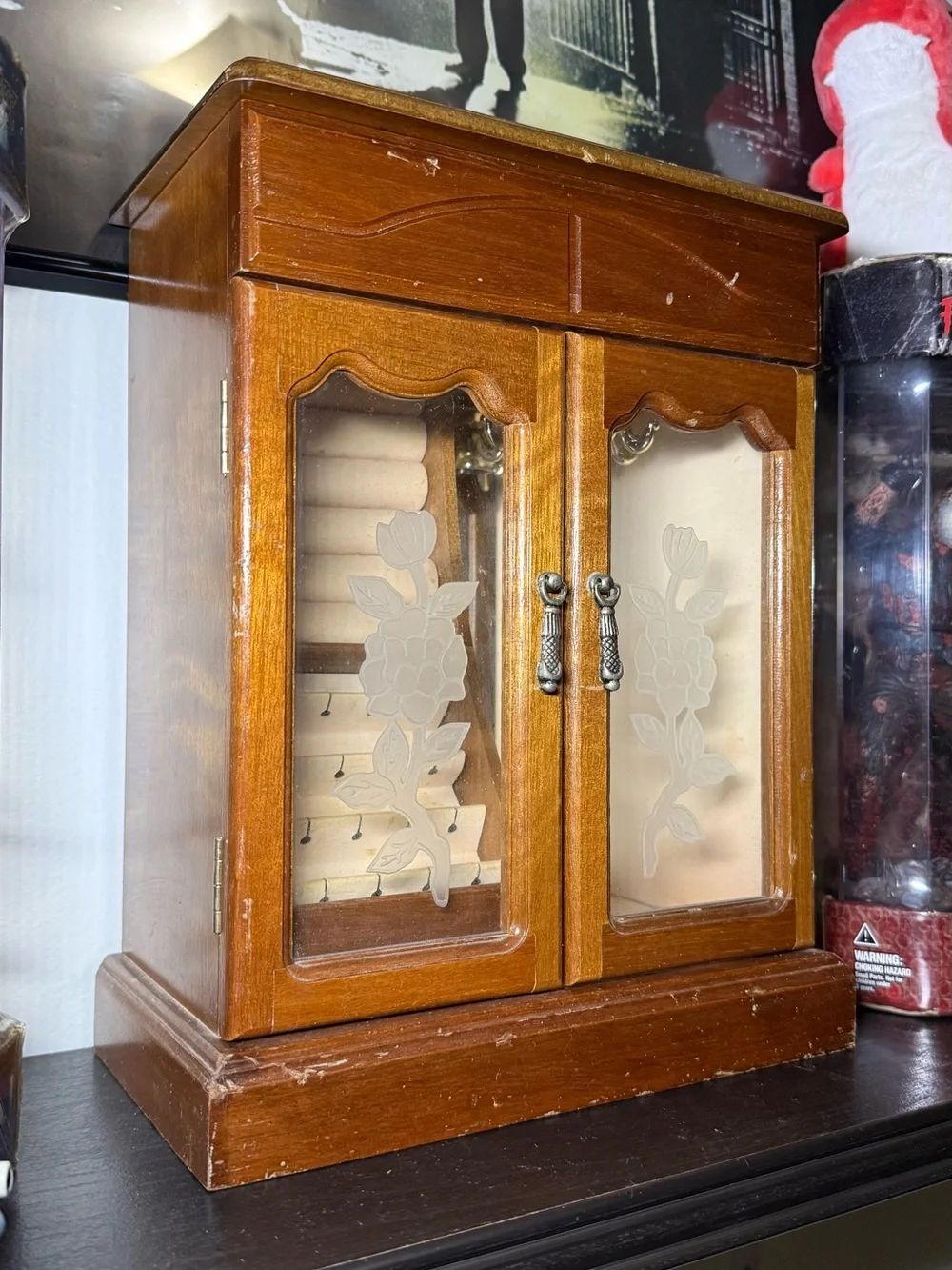 Vintage Wooden Gunther Mele Armoire Jewelry Box With Etched Glass Doors Storage